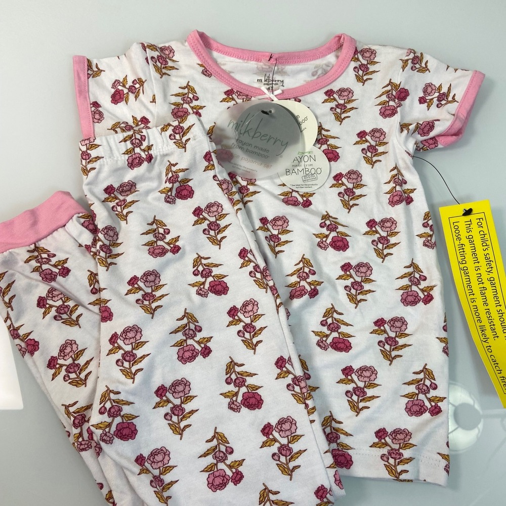 Milkberry Kids Pajama Set‎ 4T Rayon Bamboo Floral Print Pink White
